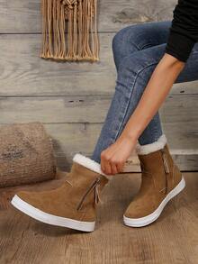 女士流行時尚、柔軟舒適、簡約耐用、戶外防風、百搭款絨面雙面拉鍊靴 - 棕色 - 查看 3