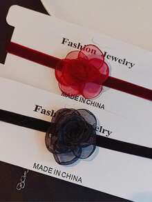 哥德風格首飾全新歐美跨國到貨深玫瑰色設計蕾絲帶領鎖獨特項鍊女 - 黑色 - 查看 1