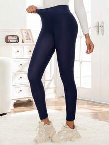 Women's High Waist Solid Color Thermal Lined Leggings, Thick Elastic Comfortable Tight Pants For Winter Sports, Yoga, Casual, Daily Matching, Navy Blue - Navy Blue - View 5