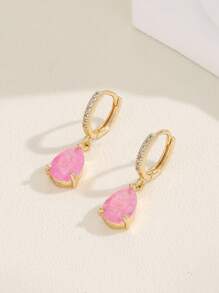 1對歐美風格時尚粉色雨滴形與長方形切割水晶耳環,適合女性日常佩戴 - 粉色 - 查看 2