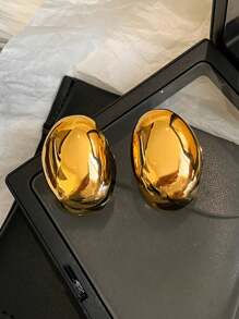 1對簡單的c形橢圓形耳釘,適合女性日常佩戴 - 銀色 - 查看 2