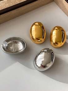 1對簡單的c形橢圓形耳釘,適合女性日常佩戴 - 銀色 - 查看 1