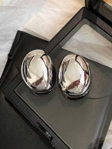 1對簡單的c形橢圓形耳釘,適合女性日常佩戴 - 銀色 - 查看 4