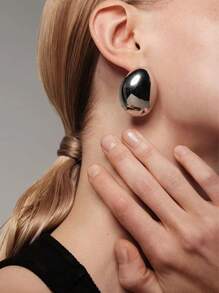 1對簡單的c形橢圓形耳釘,適合女性日常佩戴 - 銀色 - 查看 5