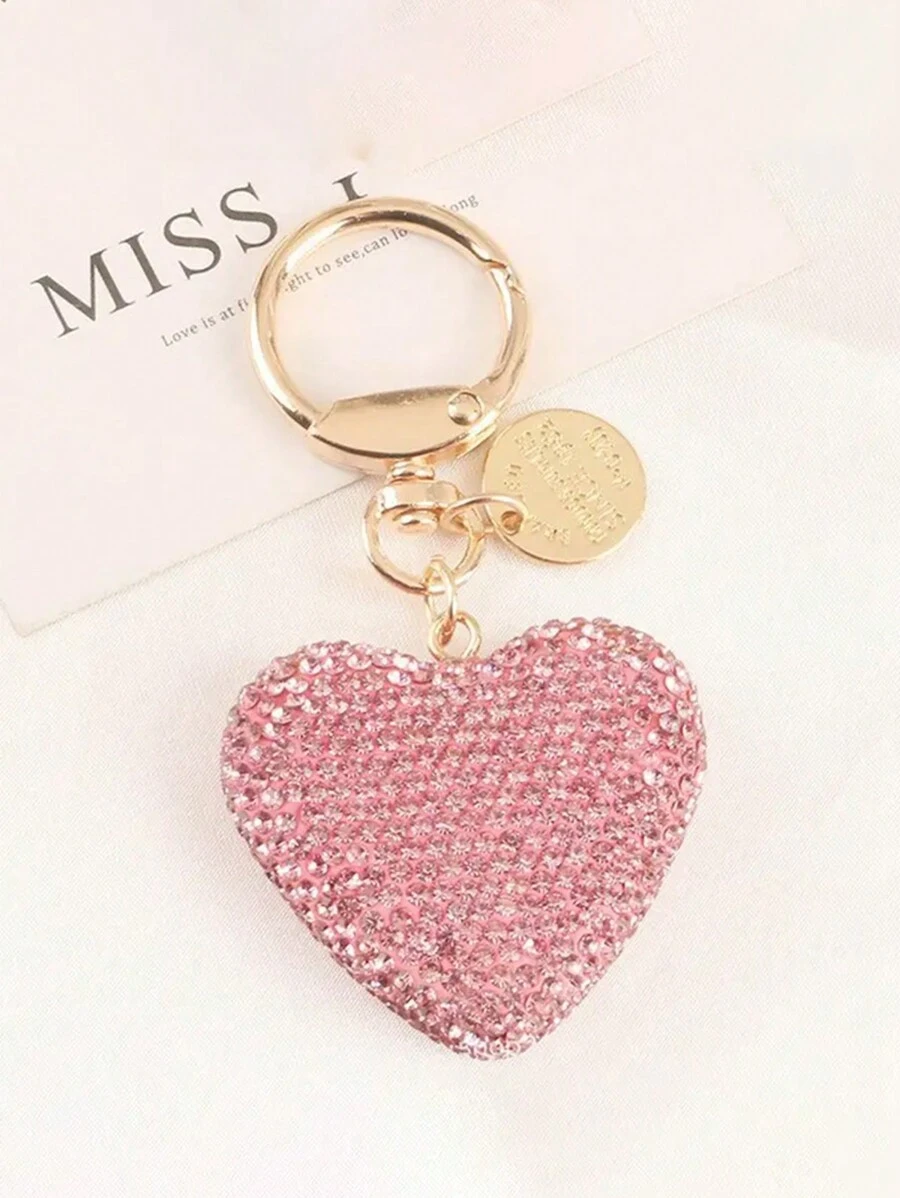 1 件水钻心形纯色包包饰物钥匙扣钥匙圈吊坠礼物，背包钱包吊坠小礼物时尚金属包包饰物旅行配件，带金属挂扣，小巧轻便，汽车钥匙圈装饰汽车吊坠 - 粉色 - 查看 1