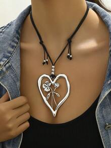 時尚復古戲劇性大型心形中空花卉設計12星座花誕生石吊墜項鍊,適合日常穿著和派對,作為友誼禮物 - 黑色 - 查看 5