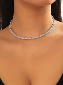 1pc Women Full Rhinestone Choker Necklace, Formal Evening Wear Accessories - Silver - View 5