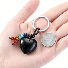 1pc Natural Tiger Eye Green Amethyst Obsidian Comes With 7 Chakra Beads Tassel Heart Shape Natural Stone Pendant Crystal Heart Keychain Keyring For Men Women Dad Jewelry Healing Crystal Keychain Gifts - Multicolor - View 6