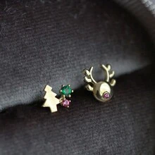 S925 Mạ bạc 14K Vàng Cây thông noel & Tuần lộc Hình dạng Bông tai stud , Thanh tú & Đáng yêu Thiết kế Đối với phụ nữ - Vàng - Xem 1