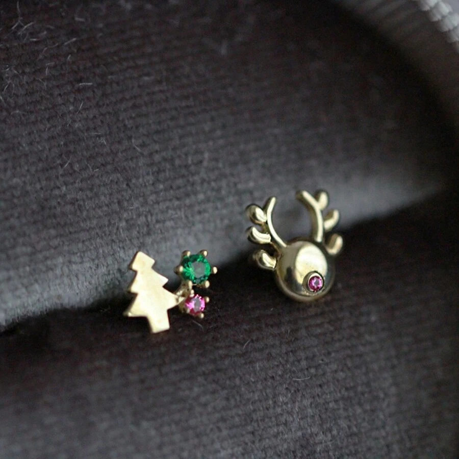 S925 Mạ bạc 14K Vàng Cây thông noel & Tuần lộc Hình dạng Bông tai stud , Thanh tú & Đáng yêu Thiết kế Đối với phụ nữ - Vàng - Xem 1