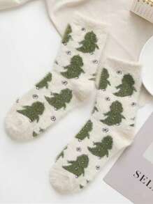 1對女款冬季加厚絨毛白色恐龍毛絨襪,保暖必需品 - 白色 - 查看 3