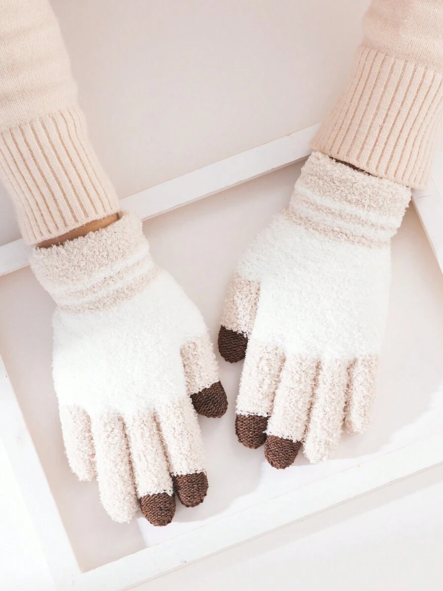 1 双女士冬季手套，手指手套，保暖防风，适合户外、骑行、卡其色 - 卡其色 - 查看 1