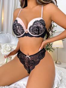 Nina Bonheur 女性顏色拼接花邊三角褲連模杯有鋼圈胸罩套裝 - 黑色 - 查看 3