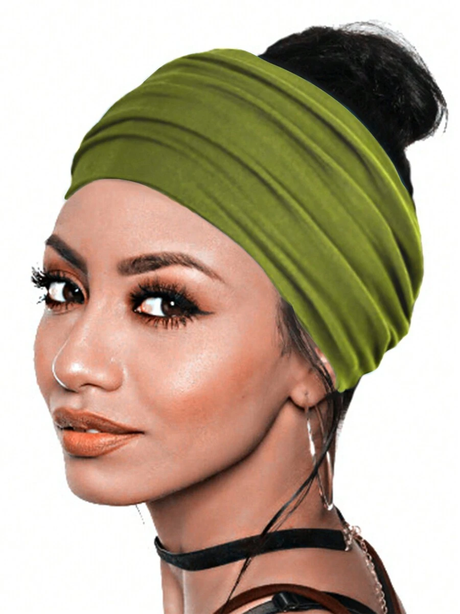 1入組女款橄欖綠色寬邊簡約打結高彈性吸汗透氣瑜伽頭帶,適用於運動 - 橄欖綠 - 查看 1