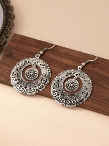 1對時尚波希米亞風格中空金屬復古吊墜耳環,女性日常佩戴 - 復古銀色 - 查看 5