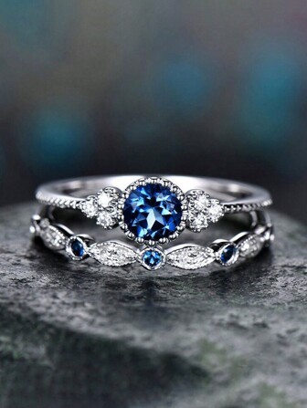 2 Pcs/Set Gorgeous S925 Sterling Silver Blue Cubic Zirconia Rings Wedding Jewelry For Women Fine Jewelry Valentine's Day Gift