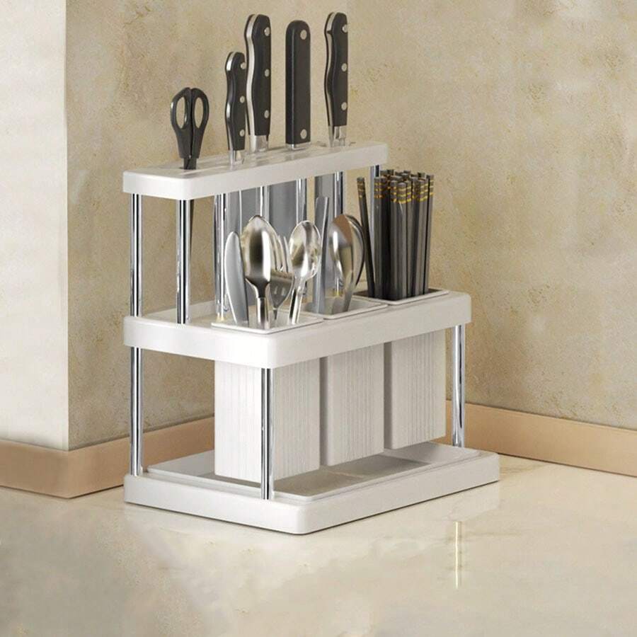 1個廚房多功能筷子刀叉一體式儲物架,放置桌面 - 白色 - 查看 1