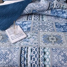 Qucover Tagesdecke Patchwork 220x240cm, Blau Bettüberwurf für Doppelbett Vintage Stil, Gesteppte Sommerdecke mit Kissen Set, aus Baumwolle & Polyester, Shabby chic - Blau - Übersicht 4
