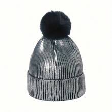 European And American Style Knit Hat With Metallic Shiny Pom Pom For Autumn And Winter, Gold-Threaded - Silver - View 1