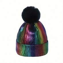 European And American Style Knit Hat With Metallic Shiny Pom Pom For Autumn And Winter, Gold-Threaded - Silver - View 3