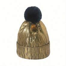 European And American Style Knit Hat With Metallic Shiny Pom Pom For Autumn And Winter, Gold-Threaded - Silver - View 5