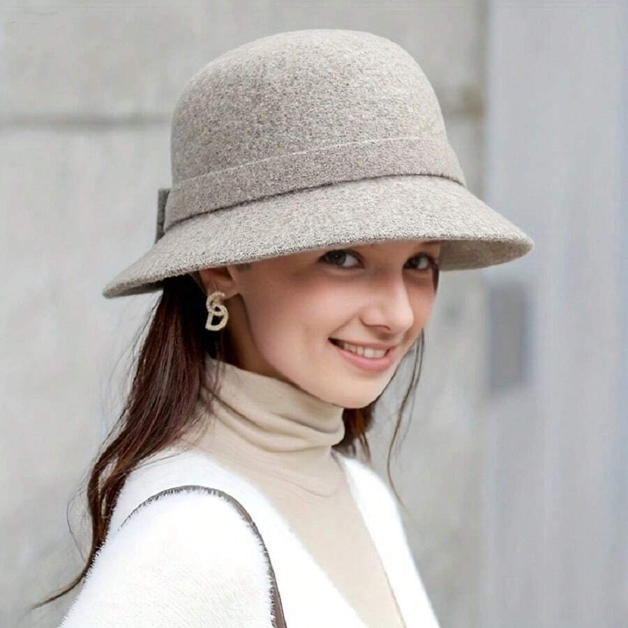 Chapéu de Balde de Malha Coreano Feminino com Calor e Chapéu de Presente de Malha Lady Versátil, Chapéu de Feltro de Maré Elegante de Outono e Inverno