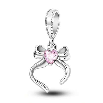 1pc Minimalist & Elegant Pink Heart & Bowknot Knot Shaped Silver Pendant, Suitable For Diy Jewelry Making, Ideal For Bracelet & Necklace Valentines