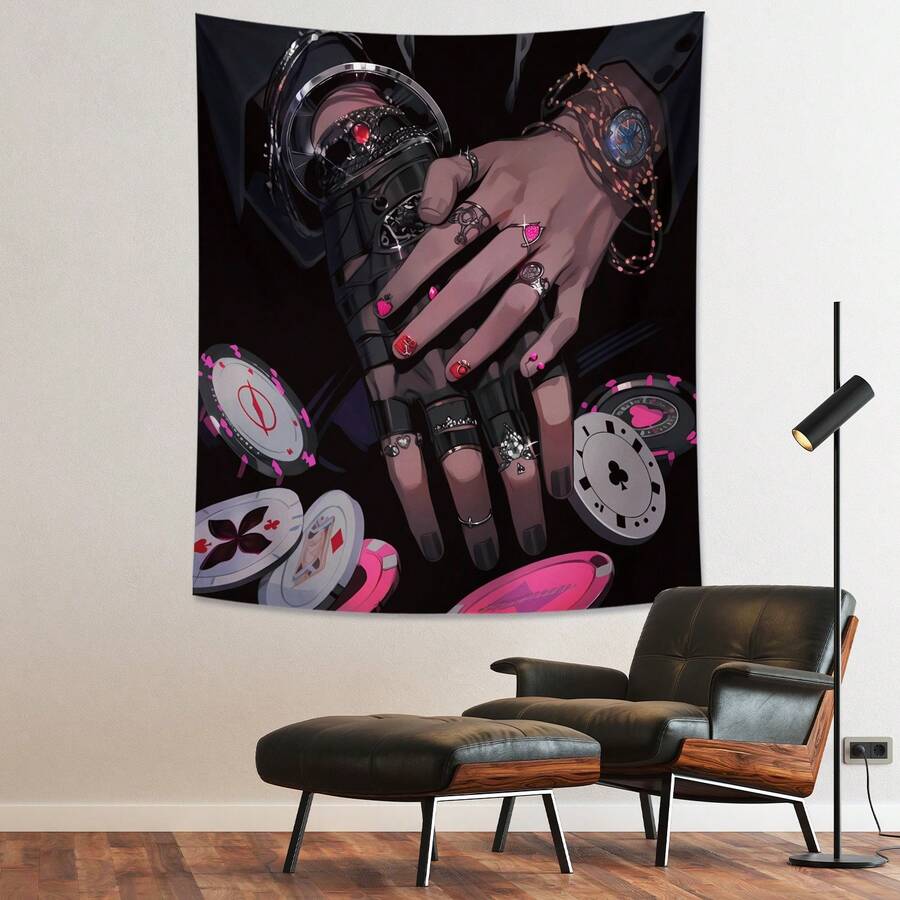 1入組芯片撲克黑粉色壁掛織物,個性化時尚,聚酯纖維100*150厘米/130*150厘米/150*200厘米裝飾織物,配有8個無痕貼紙,適用於家居裝飾、派對、禮物、客廳、臥室、宿舍牆飾 - 黑色 - 查看 1