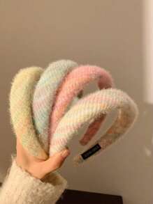 毛茸茸的針織頭帶,蓬鬆的海綿填充的頭箍,針織條寬髮箍,冬季潤澤髮帶,女孩頭飾髮飾 - 粉紅色 - 查看 4