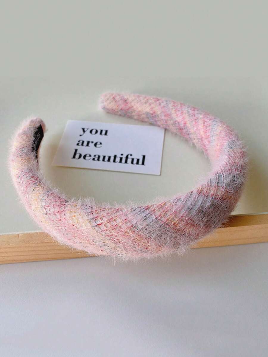 毛茸茸的針織頭帶,蓬鬆的海綿填充的頭箍,針織條寬髮箍,冬季潤澤髮帶,女孩頭飾髮飾 - 粉紅色 - 查看 1