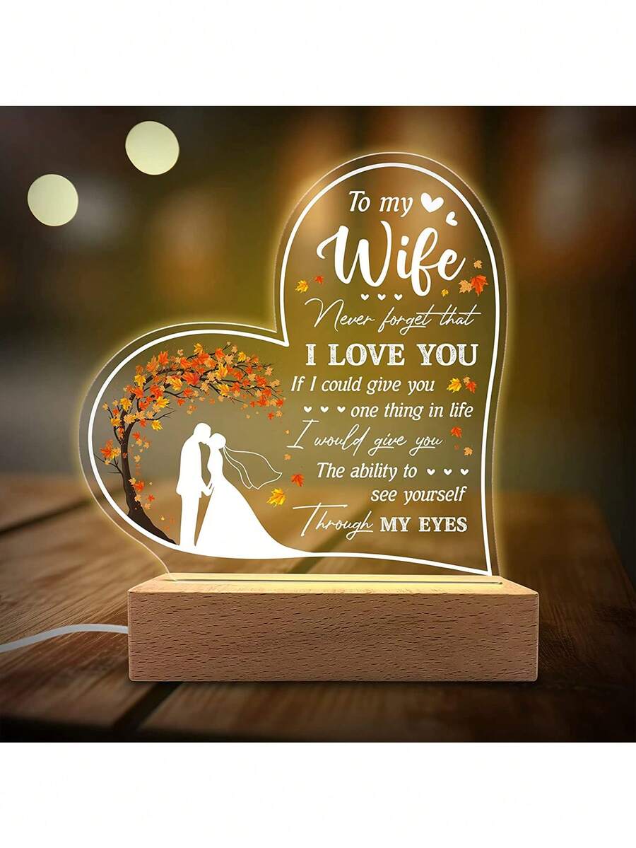 1個桌面木質基座愛心膠片夜燈,丈夫送給妻子的情人節、紀念日、生日和聖誕禮物 - 永遠不要忘記我愛你 - 黃色 - 查看 1