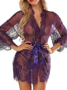 Lencería De Encaje Para Mujer, Ropa De Noche Exótica Transparente - Morado - Ver 3