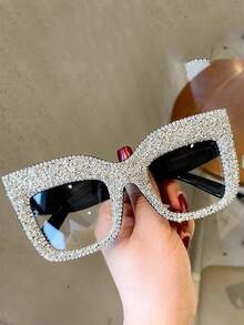 1 件装欧美派对风格大框眼镜架个性水钻装饰无度数眼镜明星饰品 - 無色 - 查看 3