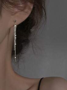 1pair Long Fringe Sparkling Dangle Earrings For Women - Silver - View 3