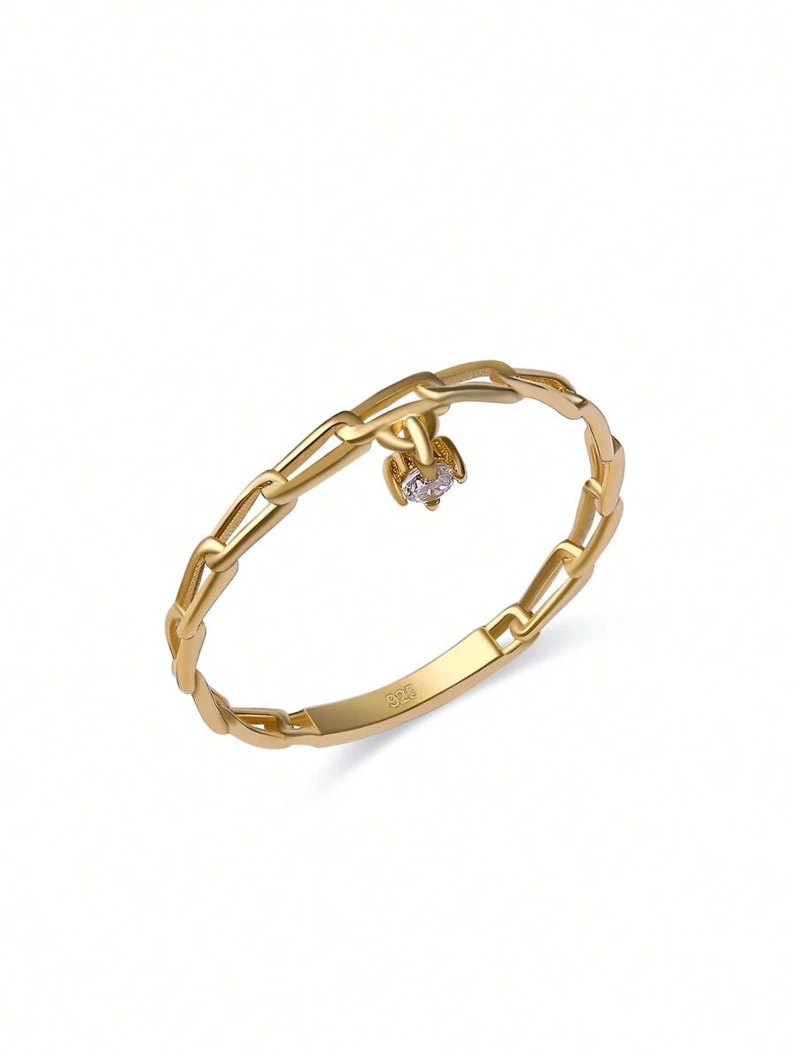 Nhẫn thiết kế dây chuyền bạc trang trí bằng đá khối Zirconia - Vàng - Xem 1