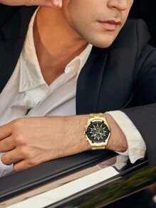 VA VA VOOM 1入組男士金色不銹鋼錶帶休閒防水圓形錶盤石英手錶，適合日常生活 - 金色 - 查看 9