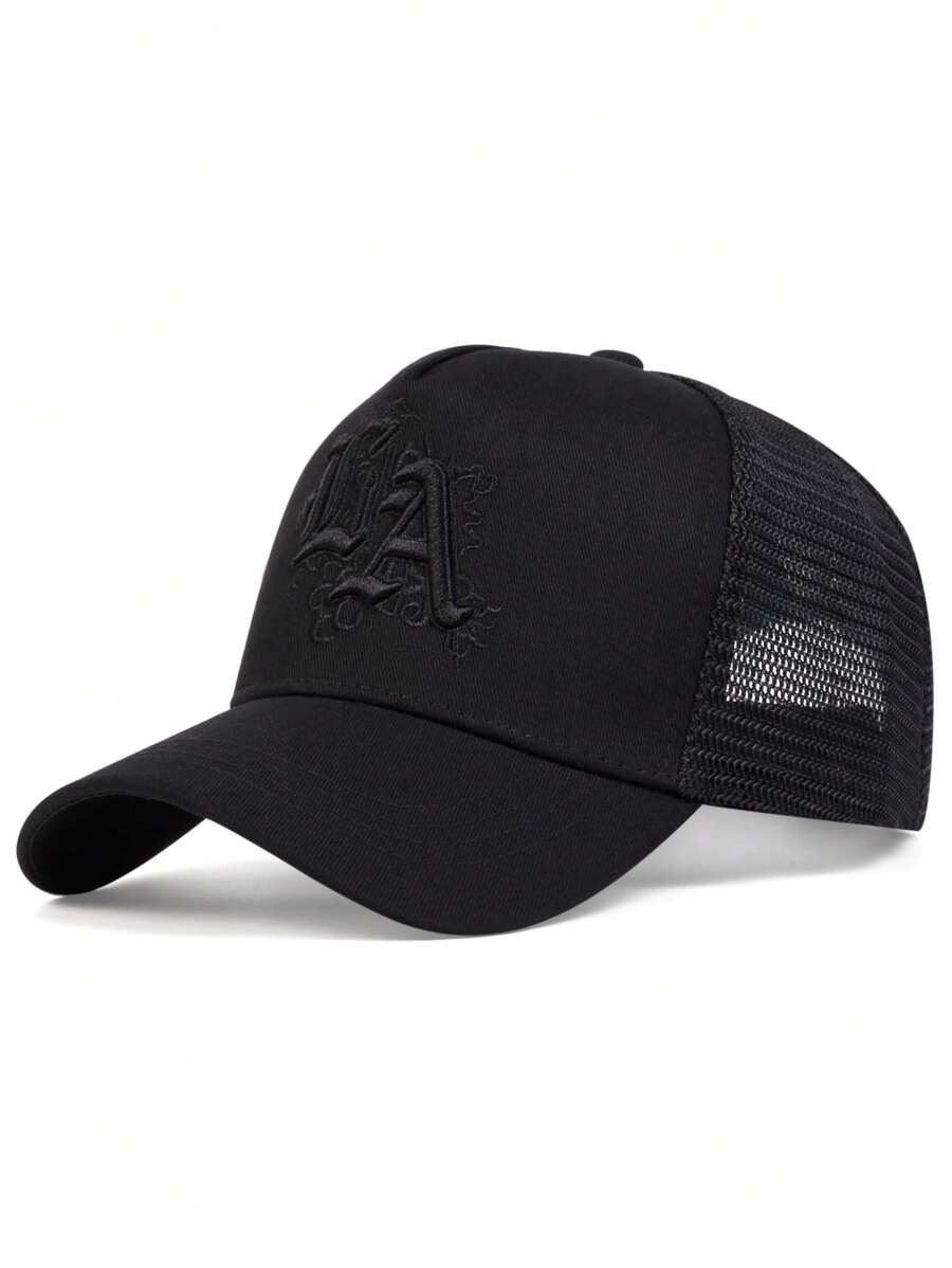 1入組男士卡車司機帽，帽子上有字母刺繡 "LOS ANGELES"，時尚防曬可調節休閒帽，適用於春秋旅遊、旅遊和沙灘派對 - 黑色 - 查看 1