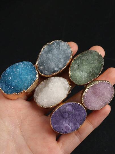 1只隨機顏色精美的天然石頭橢圓形水晶芽可調節戒指,迷人的女士男士珠寶飾品,適用於送禮