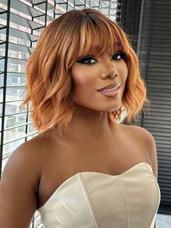 绝妙的秋季棕铜橙渐变发音乐节万圣节派对假发水波短发 12 英寸带刘海合成假发适合女性日常使用派对度假节日自然浪漫优雅简约休闲万圣节圣诞节角色扮演耐热假发