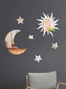 6pcs/Set Stars And Moons Shaped Mirror Wall Stickers, Home Decoration Birthday - Silver - View 1
