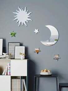 6pcs/Set Stars And Moons Shaped Mirror Wall Stickers, Home Decoration Birthday - Silver - View 6