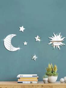 6pcs/Set Stars And Moons Shaped Mirror Wall Stickers, Home Decoration Birthday - Silver - View 7