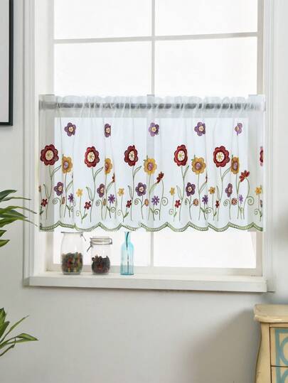 1 st broderad kort handduksgardin med regnbågsblommor, konstnärlig fönstergardin för heminredning