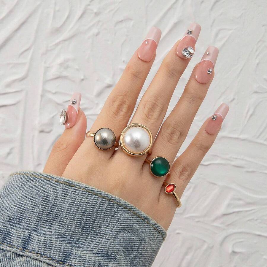 4pcs/Set Bold & Vintage Multicolor Big Gemstone Ring - Gold - View 1
