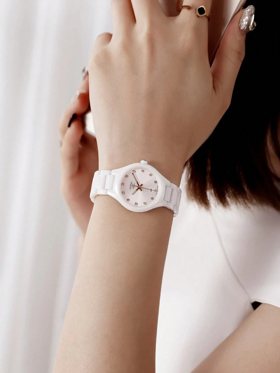 1只女士白色陶瓷錶帶時尚儀表,具有日曆、夜光標誌和防水功能,適合日常聚會