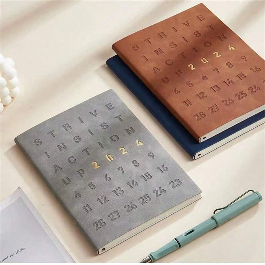 1pc 2024 English Daily Planner 365 Days Time Management Weekly Planner A5 Faux Leather Notebook Productivity Manual - Brown - View 1