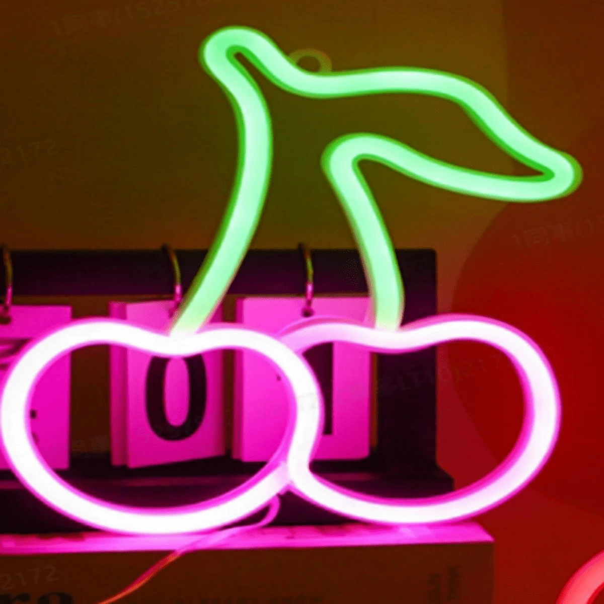 Neon Cherry Model Wall Decor Light With Battery Box And Usb Power Supply, Unique Appearance, Creative Fruit Shaped Lamp For Yard/House - Pink+Green - View 1