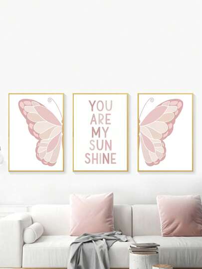 3 件粉色蝴蝶和“你是我的阳光”无框墙饰，现代海报，适合女孩房间、育儿室和卧室装饰，非常适合父母和孩子的空间爱好者，墙饰，海报墙面装饰适用于酒吧、餐厅、咖啡馆、酒吧、房间、家居装饰材料