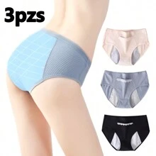 Bragas calzones menstruales algodón cintura alta antiderrames antifugas mujer 3 piezas - Negro - Ver 2