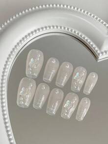 10入組短款方形蝴蝶仙女圖案假指甲,可拆式膠貼,可反覆使用,適用於女孩和女性 - 彩色 - 查看 3